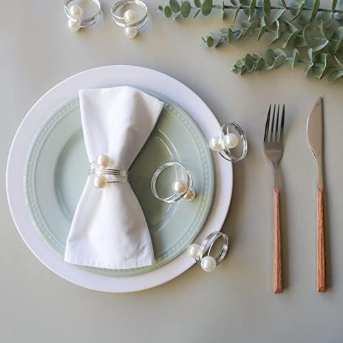 wonlex Pearl Napkin Rings Set of 12, Silver Napkin Ring Pearls for Easter, Thanksgiving Day, Christmas, Birthday Party and Table (Pearls - Silver)
