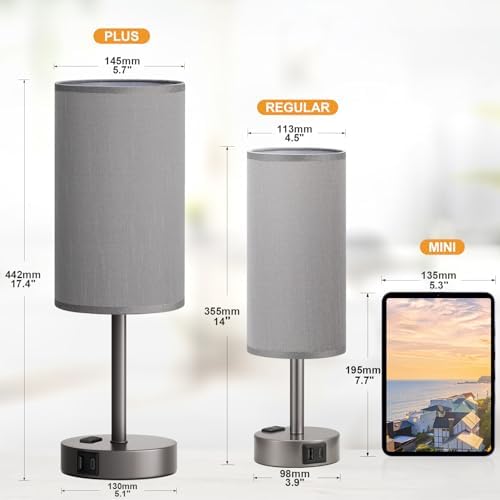 Fenmzee 17.4" Grey Lamp for Bedroom - Dimmable Touch, USB A+C, AC Outlet