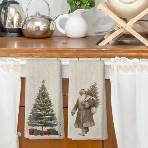 Vintage Christmas Tree Santa Kitchen Dish Towels 16x24, Set of 2
