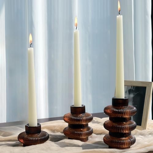 VOHO 12pcs Brownish Amber Taper Candle Holders for Fall Thanksgiving Decor