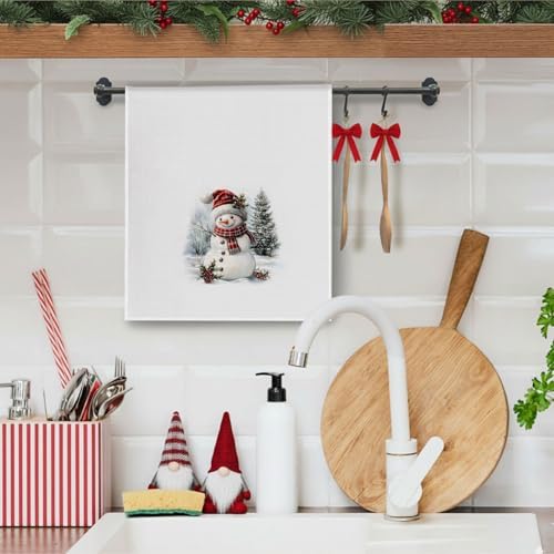 Red Plaid Christmas Snowman Kitchen Towels, Winter Christmas Dish Towels Drying Cloth for Kitchen, Retro Xmas Tree Santa Snowman Decorative Hand Towel for Bathroom, 16x24 Inch