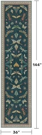 Hazo Haus Vintage Green Runner Rug for Hallway 3x12, Washable Foldable Boho Carpet for Kitchen with Insect Print Design