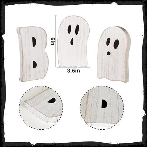 Halloween Table Decorations Indoor: 3pcs Farmhouse Halloween Cute Ghost Decorations, Mini Black White BOO Wood Plank Signs, Rustic Tiered Tray Decor Wooden Ghost Desk Office Decor for Home Kids