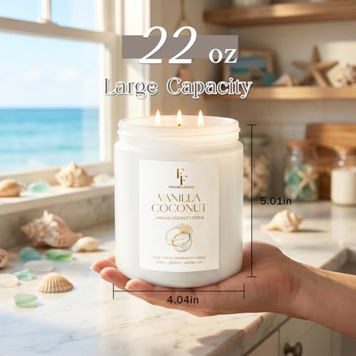 Vanilla Coconut Large Scented Candle, 3-Wick 22oz Long Lasting Scented Candle, Natural Soy Wax Aromatherapy Candle for
