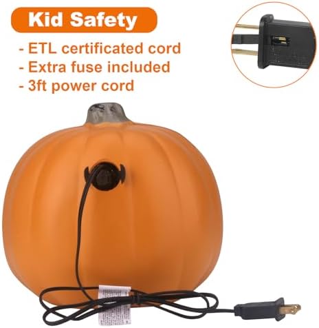 9" Jack-o'-Lantern - Halloween Light Up Pumpkin Lantern with ETL Certified Cord and 2 Safety Fuse - Indoor Outdoor JackoLantern Decoration for Halloween Party Home Décor - Round Lightened Pumpkin