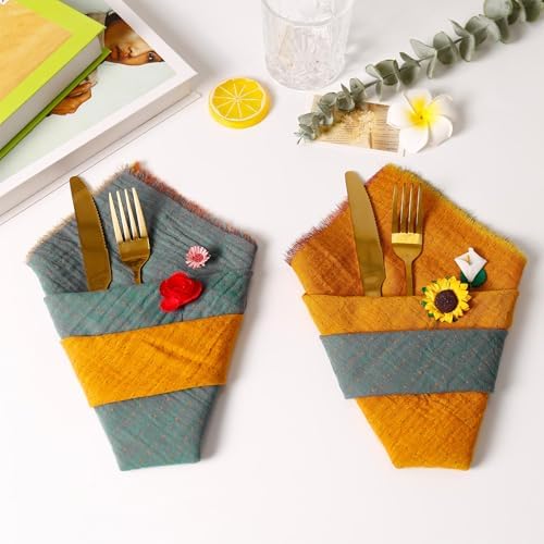 10 Pack Cloth Napkin Double-Layer 100% Cotton Table Dinner Napkins AB Surface Washable & Reusable Cloth with Elegant Fringe for Thanksgiving Day, Home Decor, Family Event Parties(Yellow-Grey)
