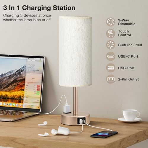 Antique White Bedside Table Lamp, Dimmable Touch Lamp, USB A+C, AC Outlet