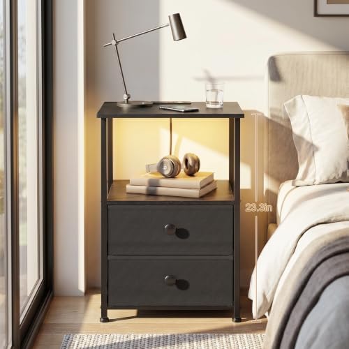 LOAKEKEL Nightstands Set of 2, LED Night Stand with Charging Station