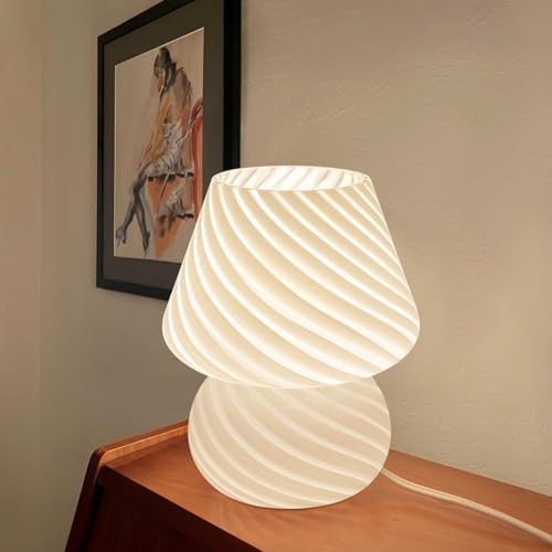 ONEWISH Mushroom Lamp-Small Bedside Table Lamp with Striped Glass, Nightstand Lamp for Bedroom, Living Room, 3000K E26