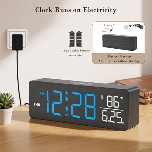 DreamSky Wooden Digital Alarm Clock with Date & Day of Week for Bedroom