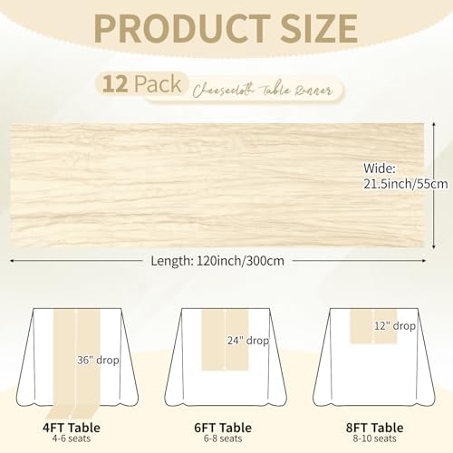 12 Pack Ivory Cheesecloth Table Runner 10Ft, Gauze Table Runners 21.5 x 120 inch,Semi Sheer Cheese Cloth Fabric Runner Bulk for Wedding,Party,Baby Shower,Bridal Shower