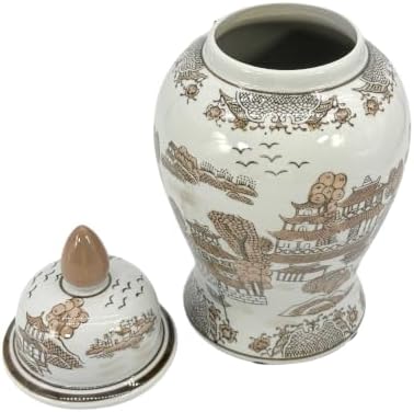 Galt International 14" Brown & White Landscape Ceramic Porcelain Ginger Jar Floral Home Décor Jar Urn Shape Vase