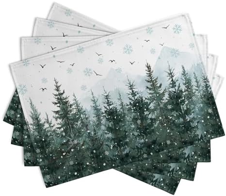 Winter Pine Tree Snowflake Placemats Set of 4 Christmas Snow Green Forest Place Mat 12x18 Inch Seasonal Xmas Holiday Rustic Nature Washable Fabric Table Mats for Farmhouse Kitchen Dining Decoration