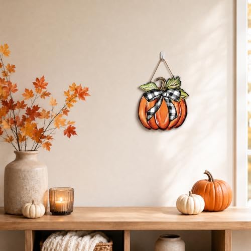 Smile Fall Thanksgiving Wooden Door Hanger Pumpkins Black White Plaid Bow