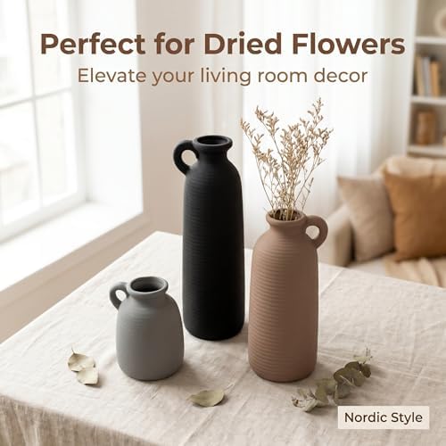 Set of 3 Matte Ceramic Vases with Handles, Textured Vases in Different Heights, Boho Farmhouse Decor for Dried Pampas