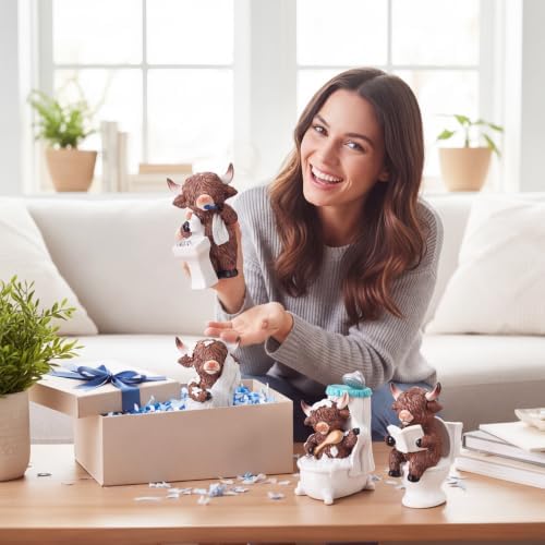 Simgoing 4 Pcs Farmhouse Highland Cow Bathroom Decor, Resin Cow Figurines