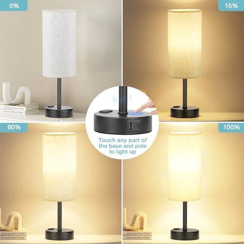 Fenmzee Turquoise Bedside Table Lamp, Dimmable Touch, USB A+C, AC Outlet