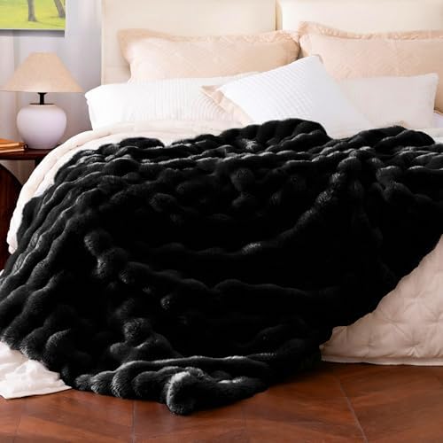Ultra Soft Cozy Faux Fur Throw Blanket, Fuzzy Plush Thick Bubble Blanket, Luxury Fluffy Blanket for Couch, Sofa