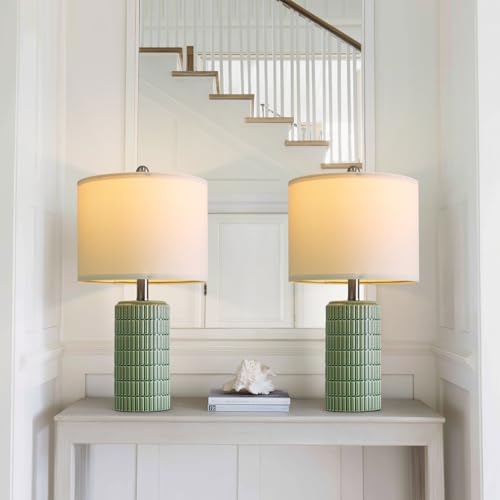 PoKat 20.75" Small Modern Ceramic Table Lamps Set of 2 for Bedroom, Green Bedside Lamps for Night Stands, Farmhouse