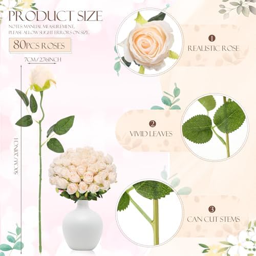 Hotop 80 Pcs Artificial Roses Flowers Bulk, Beige