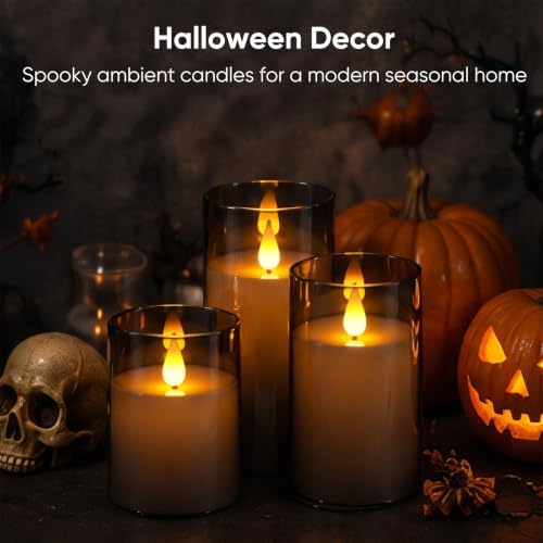 Homemory Gray Flameless Candles, Battery Operated Acrylic LED Pillar Candles with Remote Timer, Realistic Flickering Fake Candles for Home Decor, Wedding, Party, Halloween Decorations, Set of 3