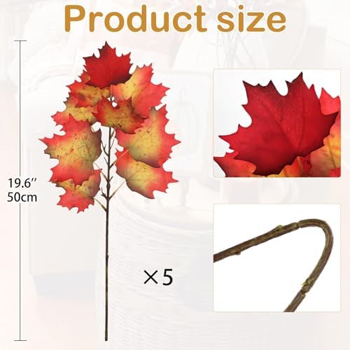 5 Pcs Fake Fall Maple Leaves Stems 19.6” Artificial Autumn Foliage Branches