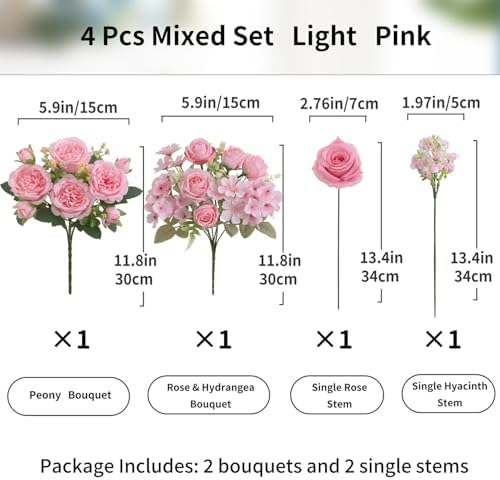 4 Pcs Mixed Artificial Peony Flowers Set-2 Bouquets & 2 Stems, Pink Fake Peony Rose Hydrangea Flowers for Vase Silk Floral Arrangements for Table Centerpiece Wedding Party Bridal Decoration Home Decor