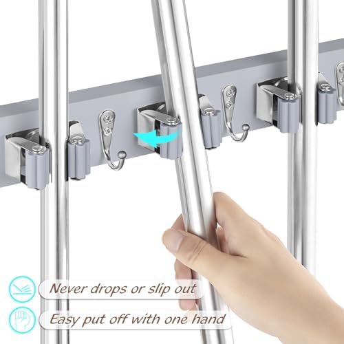 OUTNILI Gray Mop Broom Holder Wall Mount with 4 Slots & 4 Hooks - Wood Broom Mop Hanger for Pantry Closet Laundry Room