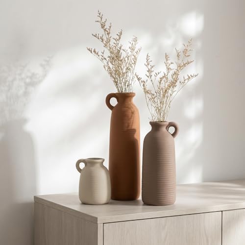 Set of 3 Matte Ceramic Vases with Handles, Textured Vases in Different Heights, Boho Farmhouse Decor for Dried Pampas