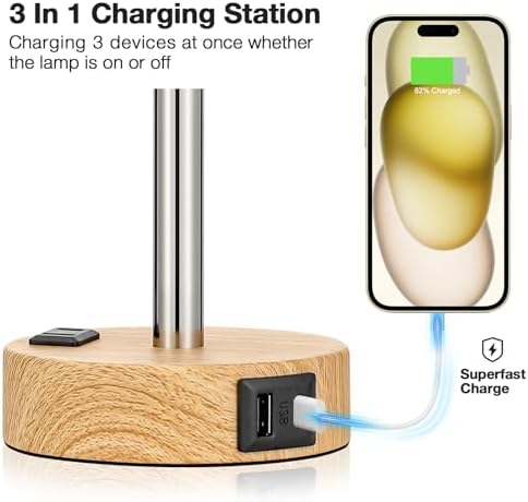 Fenmzee Bedside Table Lamp for Bedroom - Dimmable Touch, USB A+C, AC Outlet