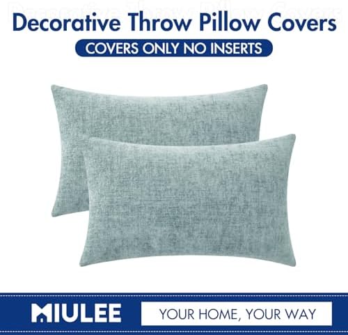 MIULEE Soft Chenille Lumbar Throw Pillow Covers Light Blue 12x20 Pack of 2
