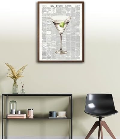 EcoHest 12x16 in Martini Newspaper Framed Wall Art for Bar Cart