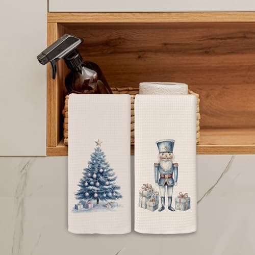 Chinoiserie Christmas Kitchen Towels Decor Set of 2 - Blue Christmas Tree Holiday Hand Tea Towels, Retro Grandmillenial Xmas Gifts Dish Towel Dishcloths Decorations for Home Kitchen, 16"x24"