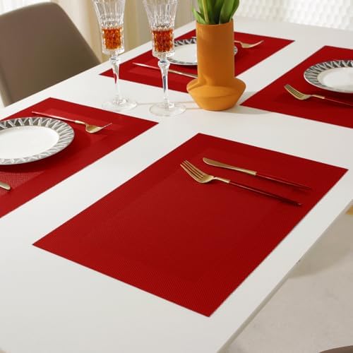 Vinyl Placemats Heat-Resistant Table Mats Washable Easy Clean Plastic Placemats for Dining Table Set of 4 (Red)