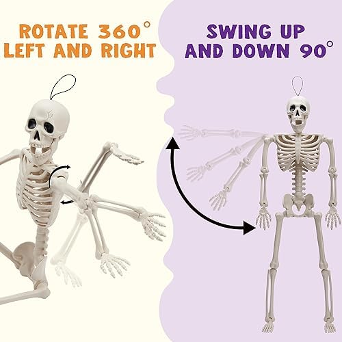 JOYIN 2PCS 16" Halloween Skeleton Decor, Full Body Stayable Movable Joints, Posable Hanging Skeletons for Halloween Decoration, Yard, Graveyard, Haunted House Props, Spooky Scene Party Favor