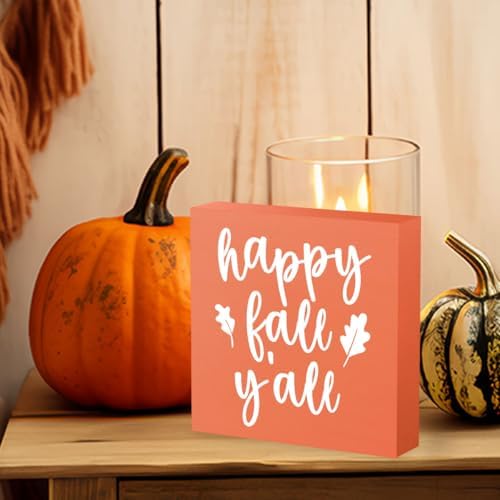 Fall Decor, Fall Decorations for Home Office, Fall Sign, Autumn Maple Leaf Decorations, Happy Fall Y'all Sign, Autumn Desk Shelf Decor 5 X 5 Inch