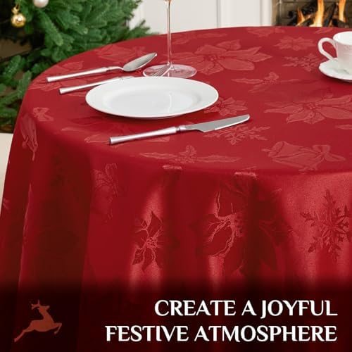 Softalker Christmas Jacquard Round Tablecloth, 70 inch, Red
