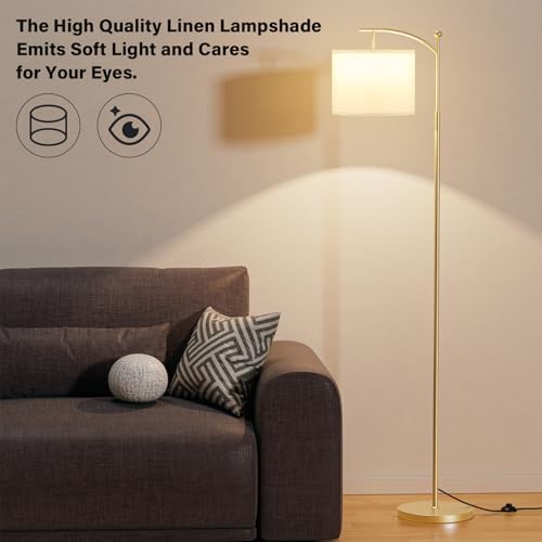 Ambimall 60" Floor Lamp for Living Room with 3 Color Temperatures, Adjustable White Shade with Gold Pole, Tall Lamp for