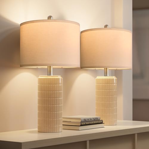 PoKat 23" Pink Ceramic Table Lamps Set of 2, Modern Bedroom Lamps for Girls Room, Bedside Lamps for Night Stands, Cute