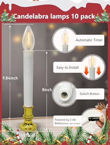 10 Pack Battery Operated Window Candles, Flameless Christmas Electric Candle with 6/18H Timer, Gold Base with Suction Cups, Warm White LED Lights for Xmas Wedding Holiday Indoor Table Window Decor