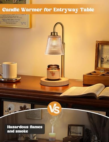 Wood Color& Clear Candle Warmer Lamp with Timer, Dimmable Candle Warmer for Jar Candles, Height Adjustable Wax Melts