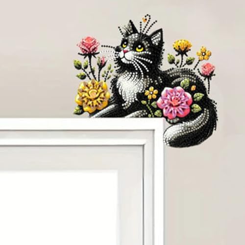 DIY Diamond Art Painting Animal Door Corner Decor, PVC Frame Signs with Black Cat Designs for Holiday Home, Festive Wall Hanging Gift for Family