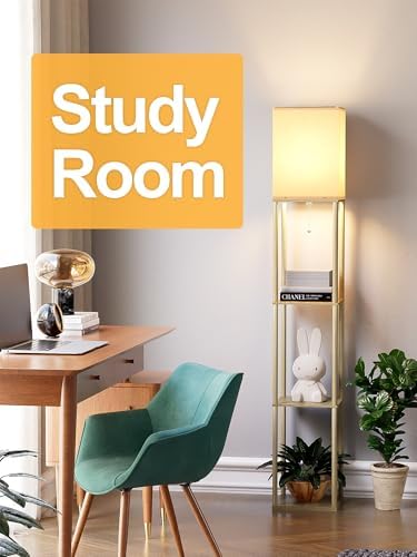 Floor Lamp with Shelves for Living Room Natural Wood, Shelf Floor Lamp with 3 CCT LED Bulb, Corner Display Standing