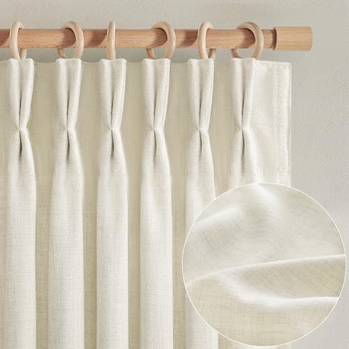 Pinch Pleated 70 Inch Extra Wide Cream Light Filtering Dining Room Curtains 96 Inches Long, Memory Shape Natural Linen