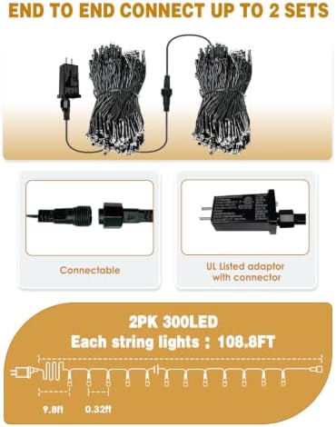 2 Pack Extendable 600 LED Christmas String Lights Indoor Outdoor Multicolor