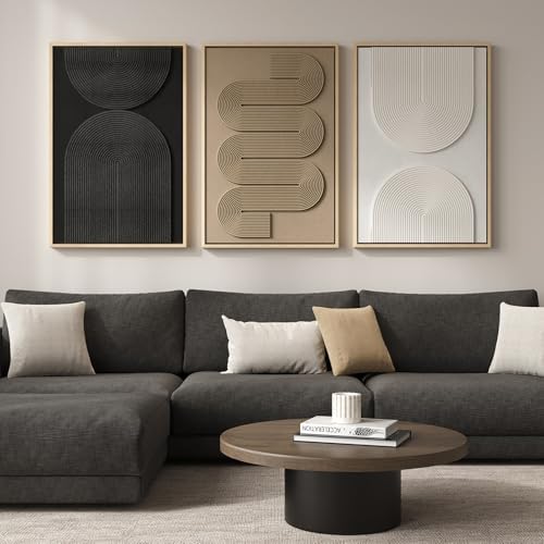 Large Framed Neutral Abstract Wall Art for Living Room, Modern 3D Artwork