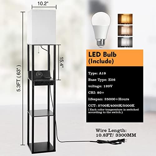Floor Lamp with Shelves, RUNTOP LED Shelf Floor Lamp with Wireless Charger & 2 Charging USB Ports & Drawer, AC Outlet