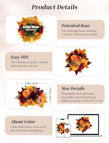 BLOSMON Fall Flowers Ball Centerpieces for Table, 6 Pcs, Red and Orange