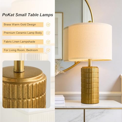 PoKat 20.75" Brass Gold Ceramic Table Lamps Set of 2 for Living Room, Small Retro Bedside Lamps for Bedroom, Nightstand