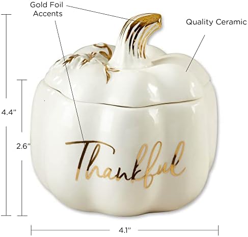 Kate Aspen Thankful White Pumpkin Bowl - Ceramic Decorative Pumpkin Decor Candy Dish With Lid, Fall Candy Dish, Thanksgiving Bowl, Fall Decorations for Home, Kitchen Decor, Thanksgiving Decorations